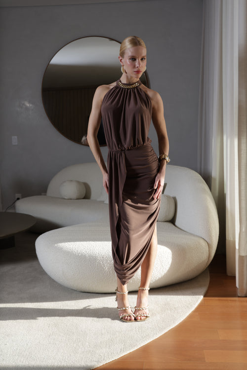 Vestido Midi Blusado Com Detalhe Torcido