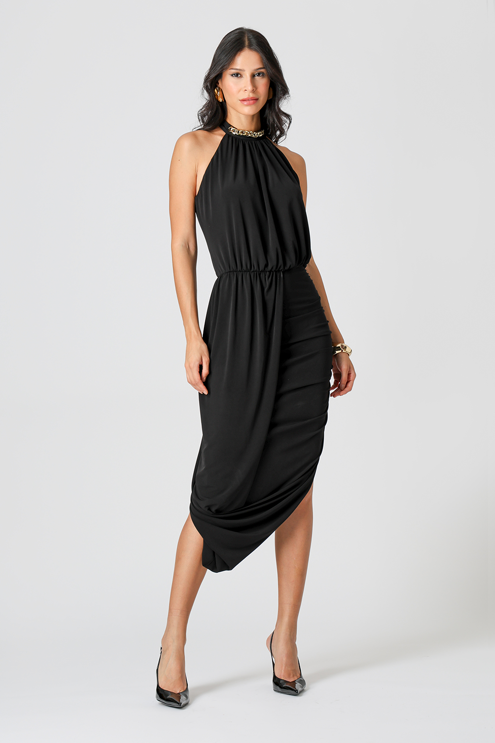 Vestido Midi Blusado Com Detalhe Torcido
