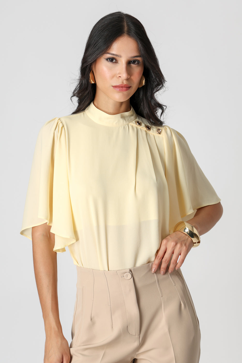 Blusa Botões Dourados e Manga Angel - AMARELO CL