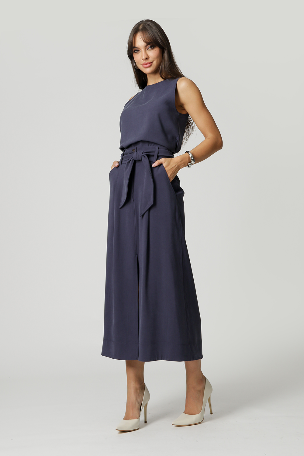 Falda midi con abertura delantera - AZUL MARINO