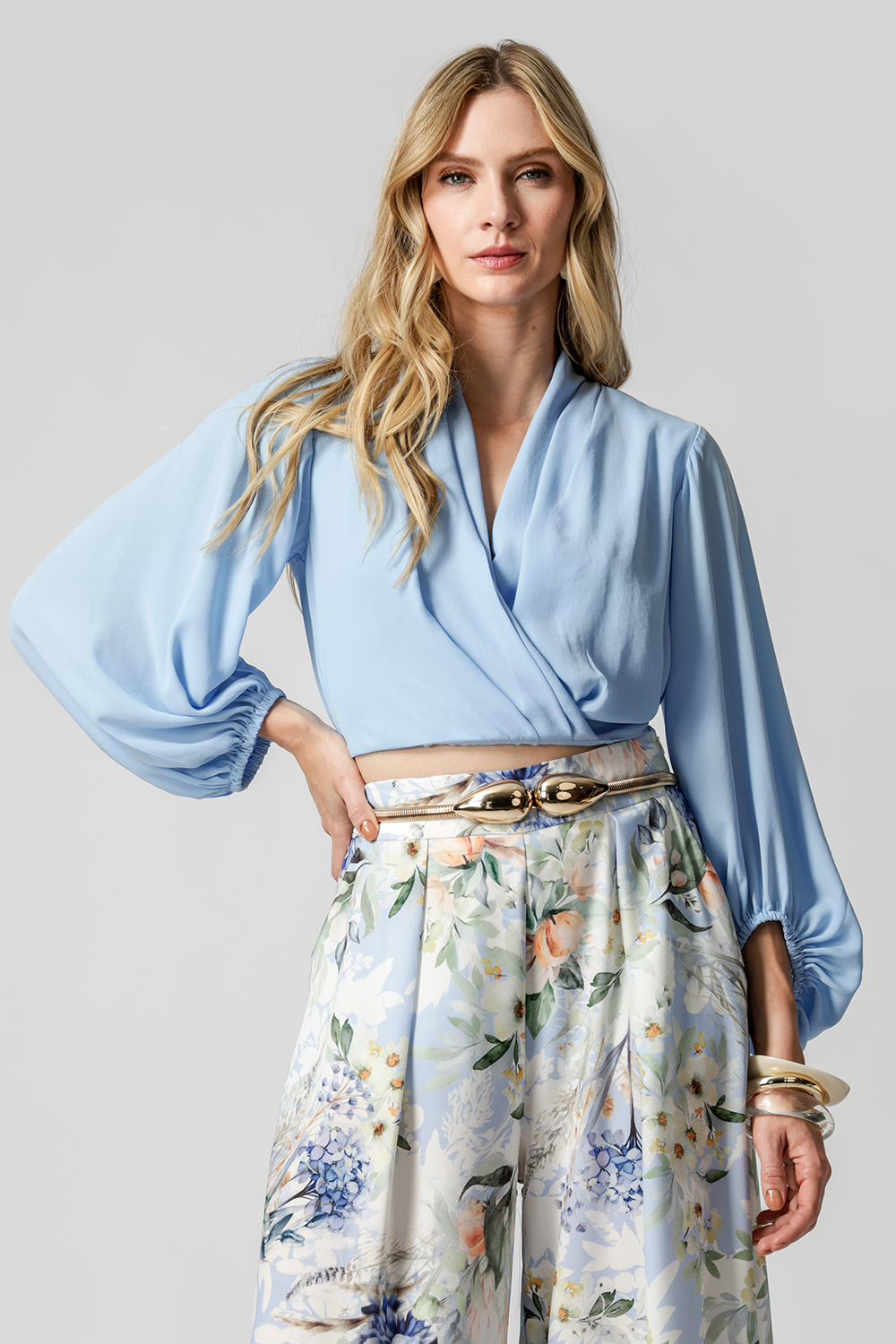 Blusa Transpassada Manga Longa Bufante - AZUL