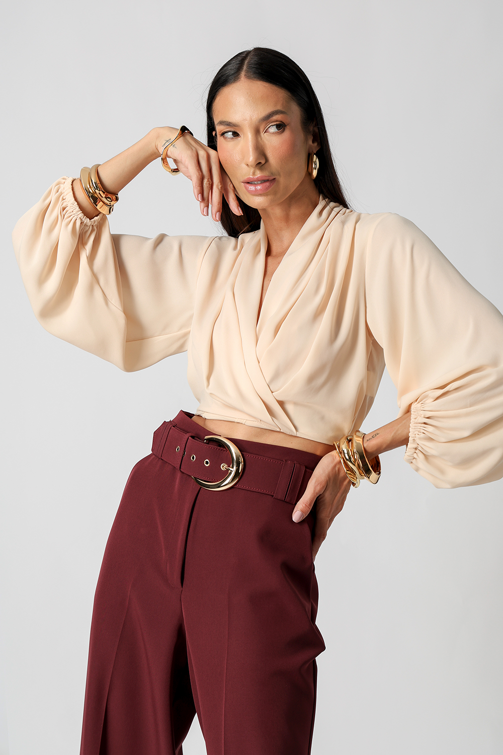 Blusa Transpassada Manga Longa Bufante