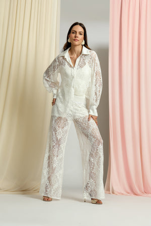 Calça Pantalona De Renda Com Cós Em Cetim TRIMIX