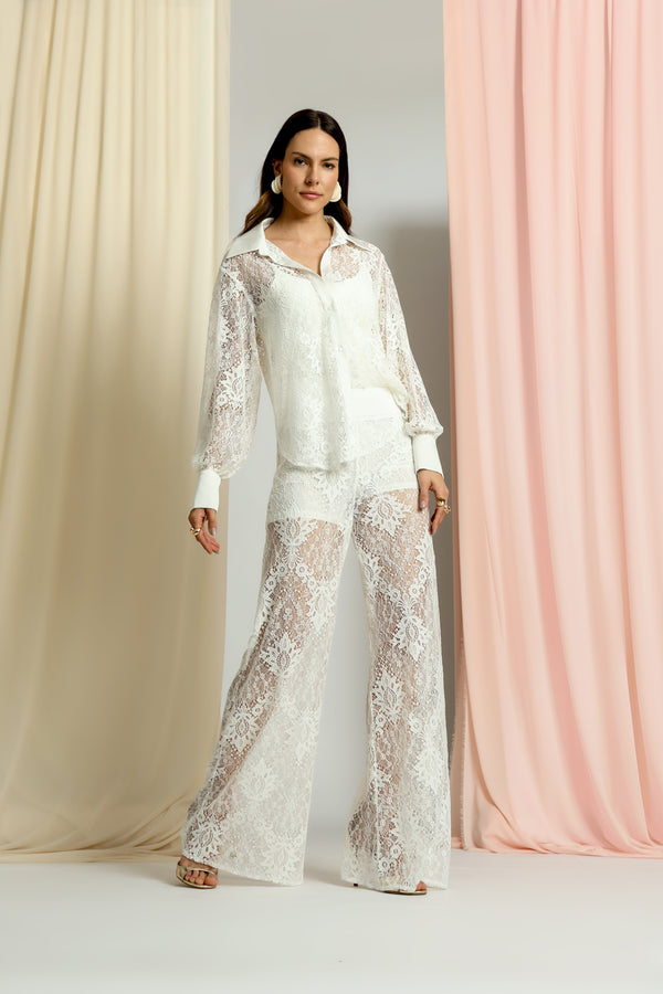 Calça Pantalona De Renda Com Cós Em Cetim TRIMIX