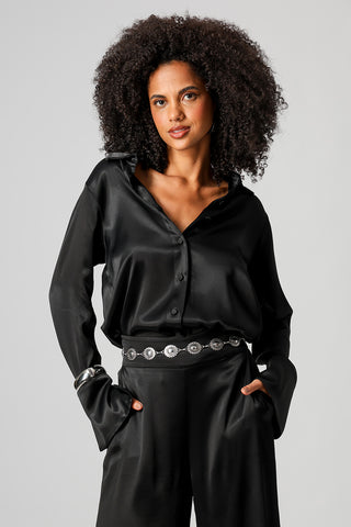 Camisa De Cetim Com Punho Largo - PRETO