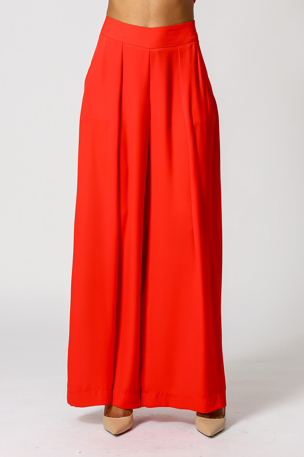 Calça Pantalona Com Prega Frontal - VERMELHO