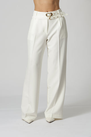 Calça Alfaiataria Com Pregas e Cintos - OFF WHITE