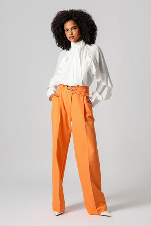 Calça Alfaiataria Com Pregas e Cintos - TANGERINA