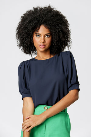 Blusa con mangas abullonadas - AZUL MARINO