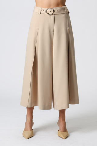 Calça Midi Boca Ampla Com Pregas - AREIA
