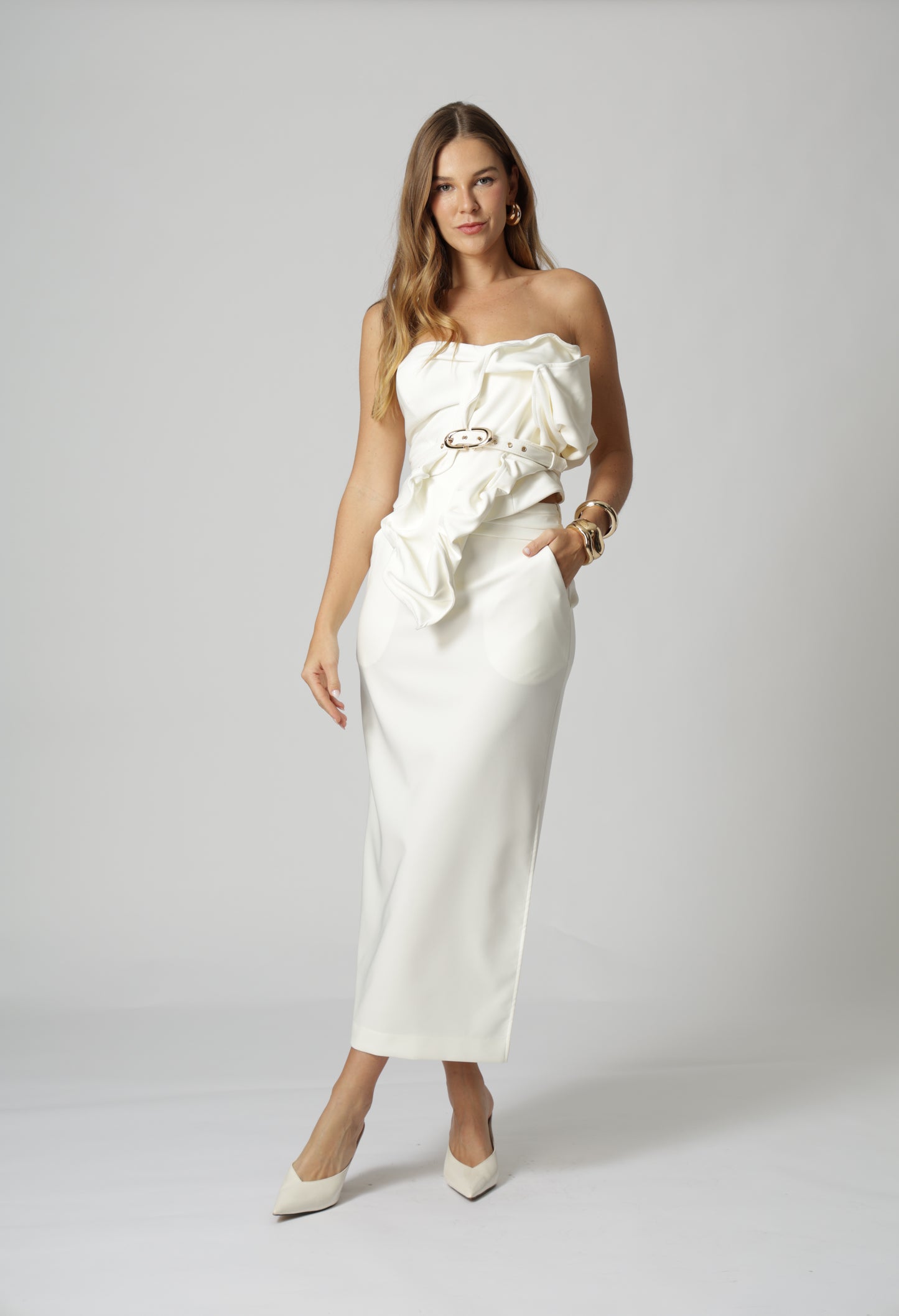 Blusa Strapless Com Folha 3D - OFF WHITE
