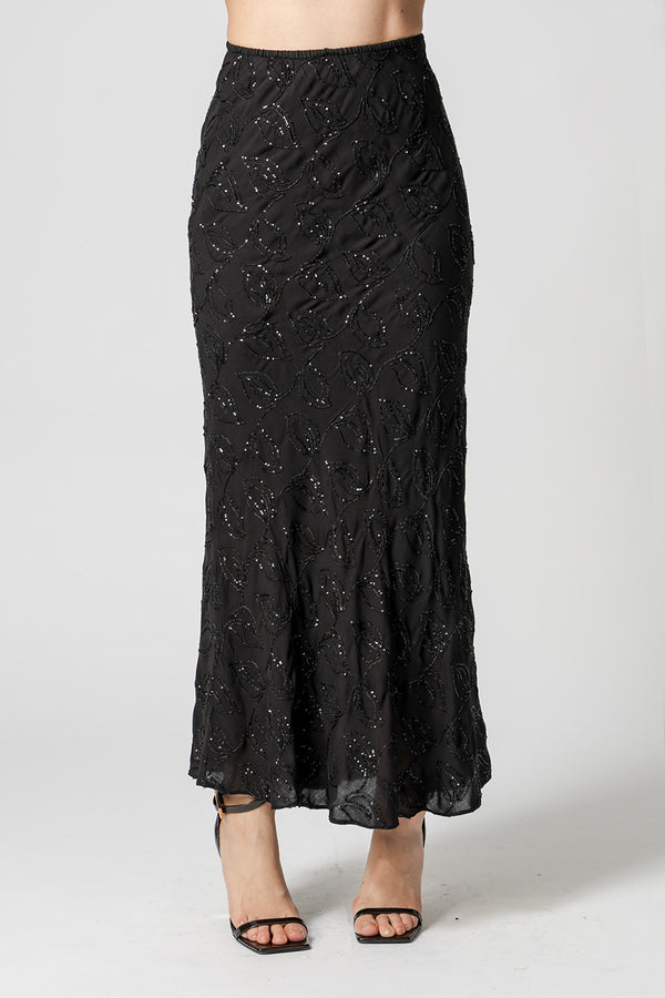 Saia Midi Sereia Paetê Folhas - PRETO 90168