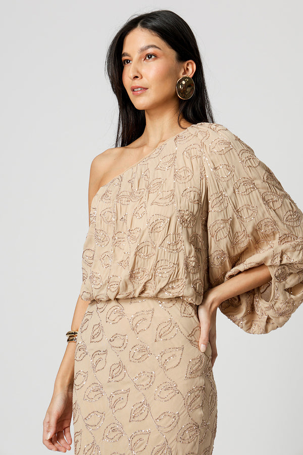 Blusa Ombro Único Paetê Folhas - AREIA 90168