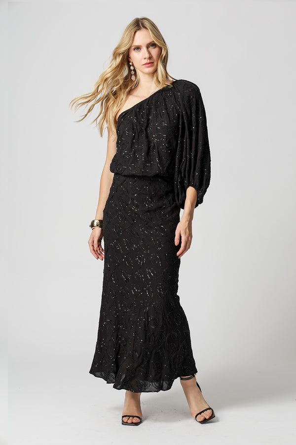 Blusa Ombro Único Paetê Folhas - PRETO 90168