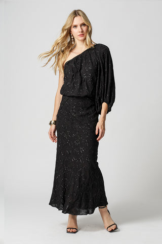 Blusa Ombro Único Paetê Folhas - PRETO 90168