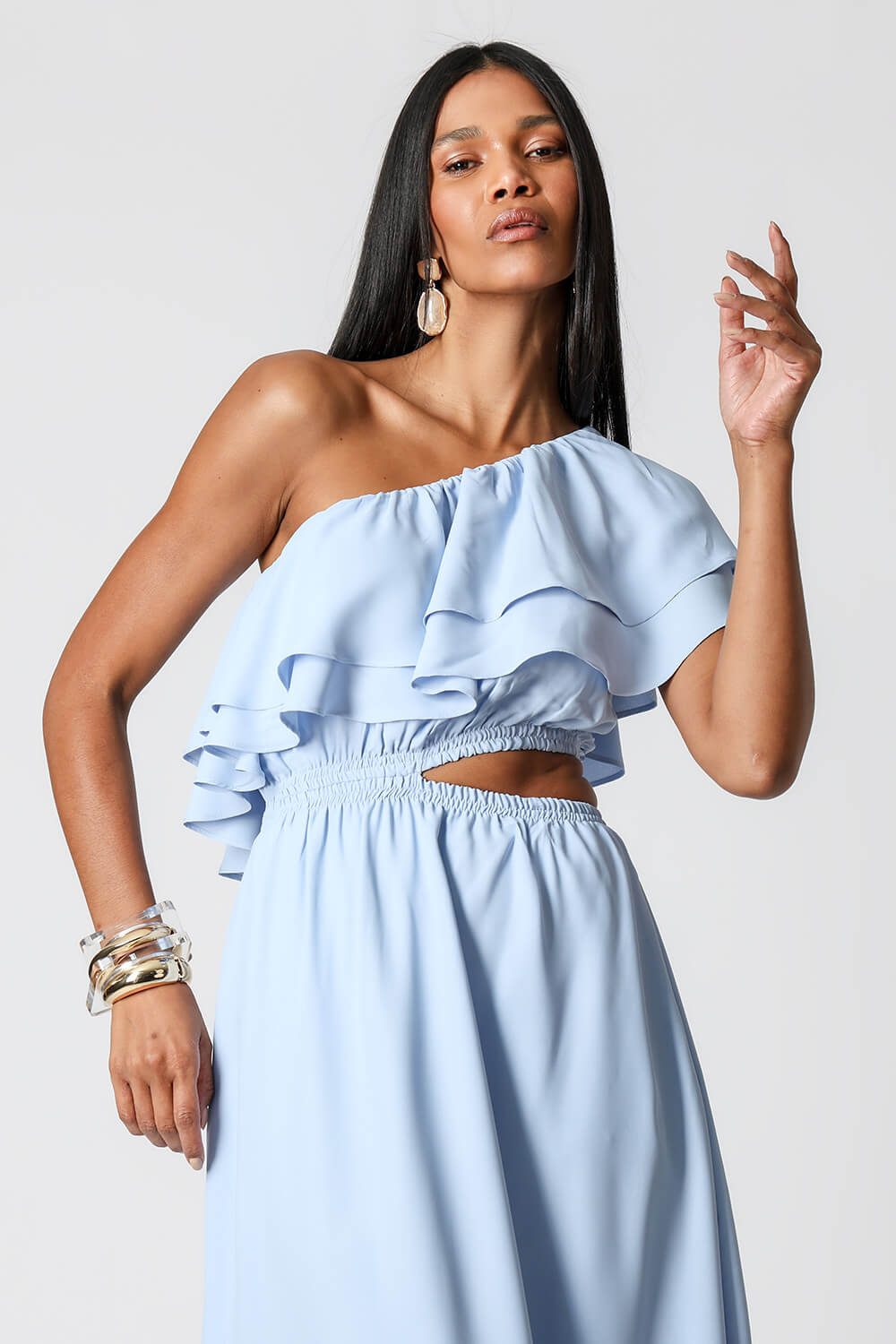 Vestido Com Babados e Abertura Lateral - AZUL CLARO