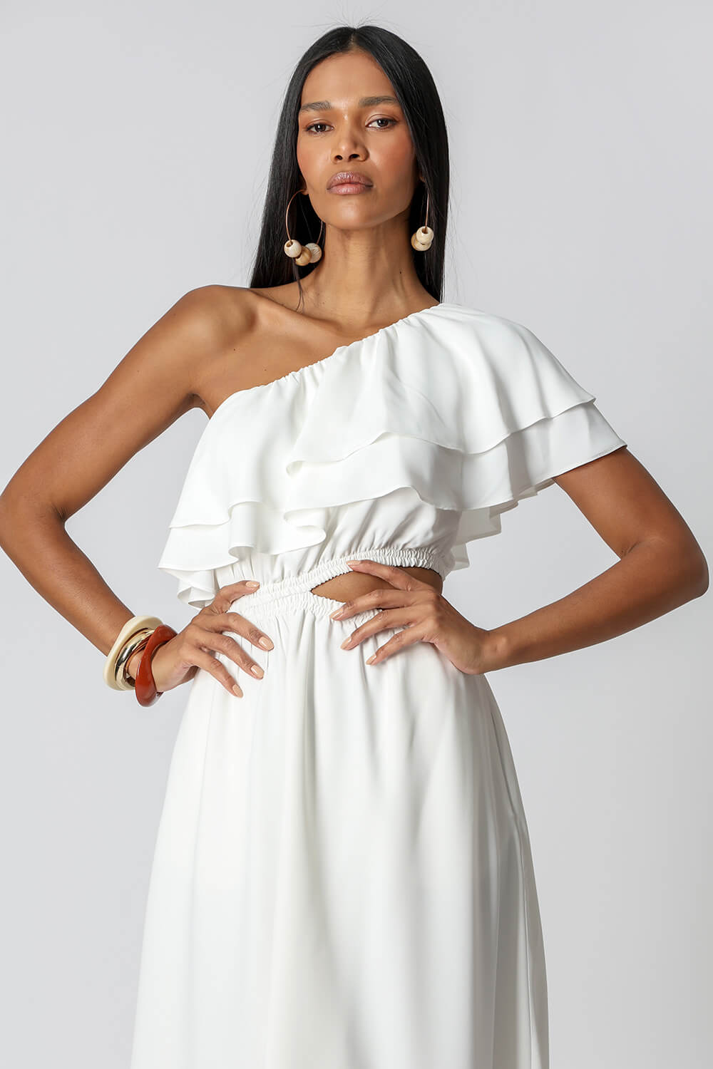 Vestido Com Babados e Abertura Lateral - OFF WHITE