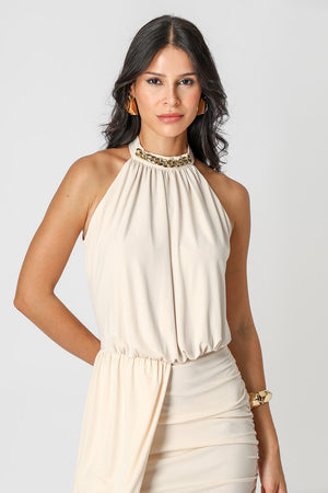 Vestido Midi Blusado Com Detalhe Torcido