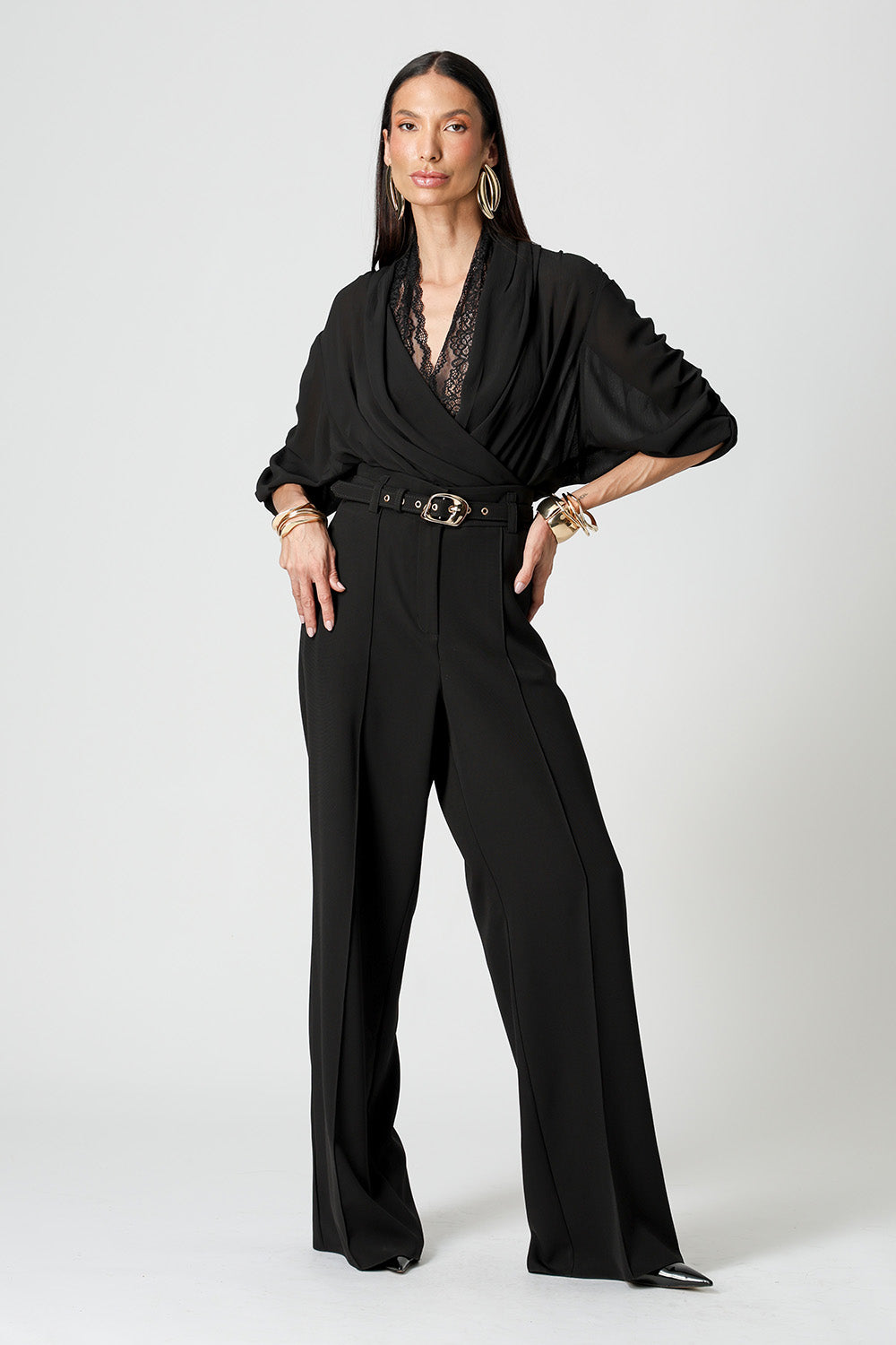 Blusa Cachequer Chiffon Plissado Com Renda