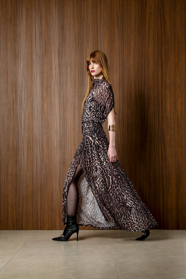 Saia Pala Drapeada Assimétrica de Tule Estampado