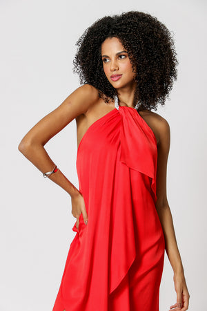 Vestido asimétrico con collar de pedrería - ROJO 2