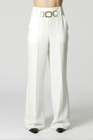 Calça Pantalona Alfaiataria Com Cinto De Metal - OFF WHITE