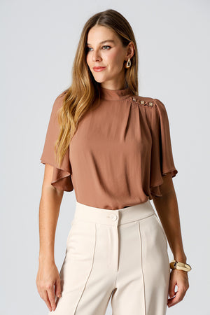 Blusa Botões Dourados e Manga Angel - MARROM