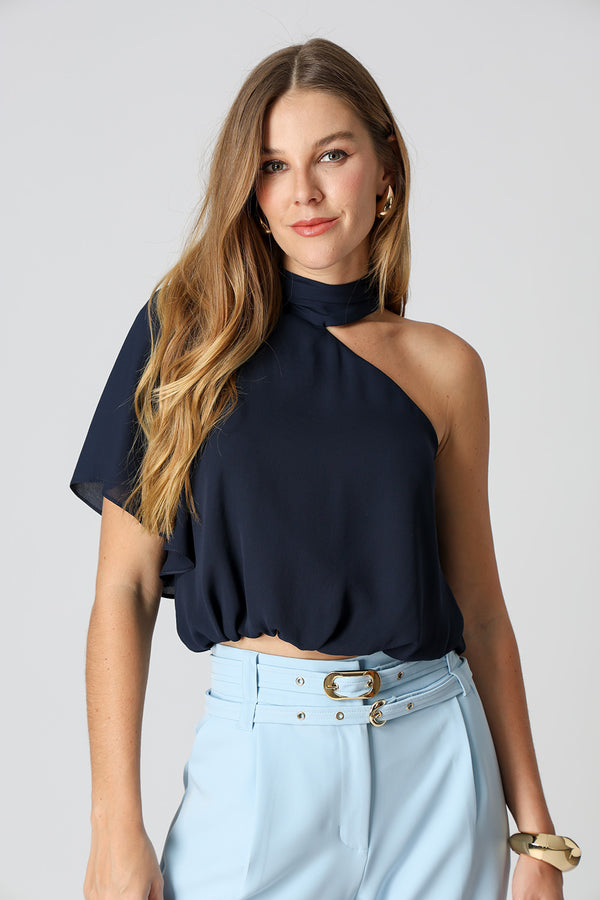 Blusa Ombro Único Com Manga Angel - MARINHO