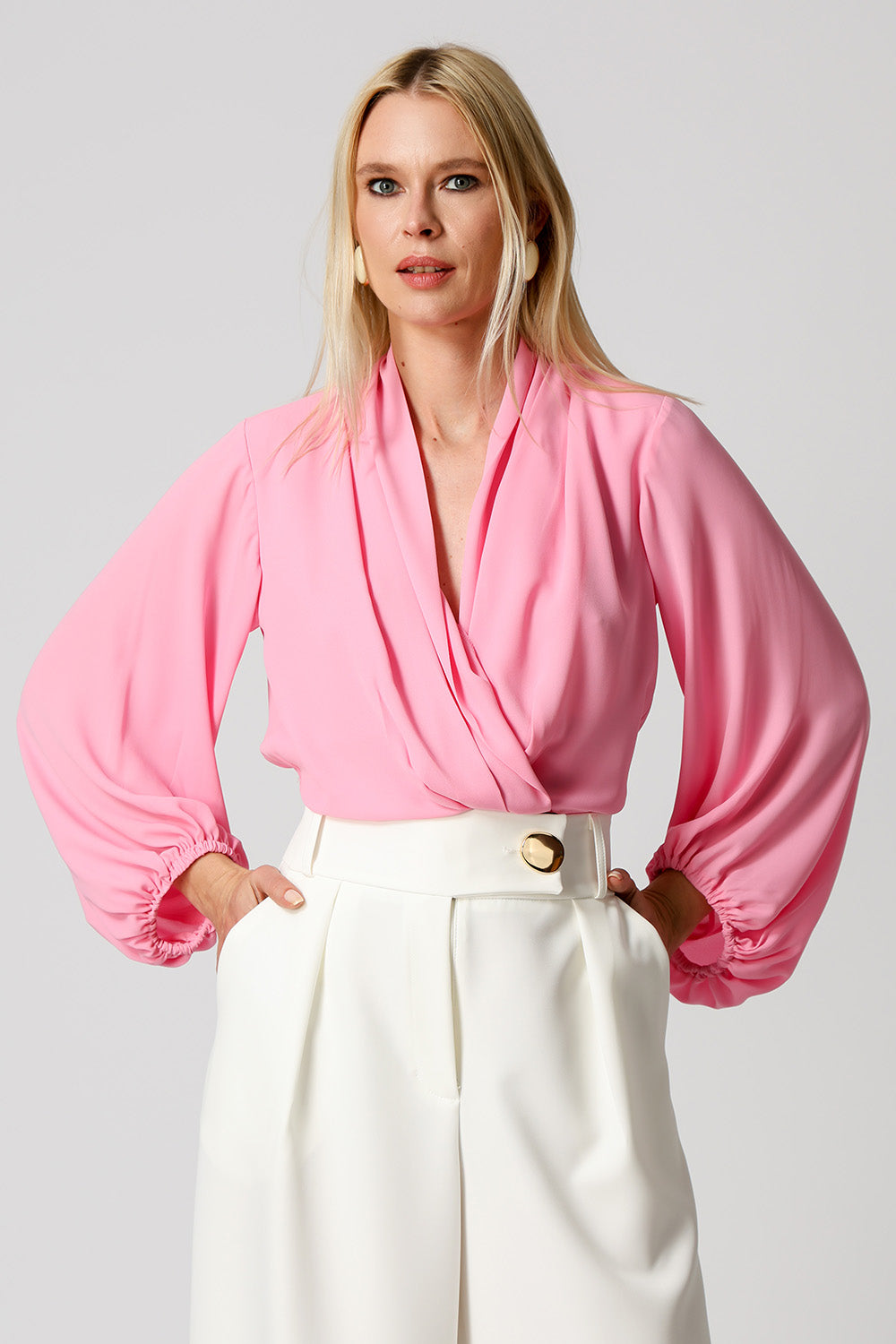 Blusa Transpassada Manga Longa Bufante - PINK CLARO