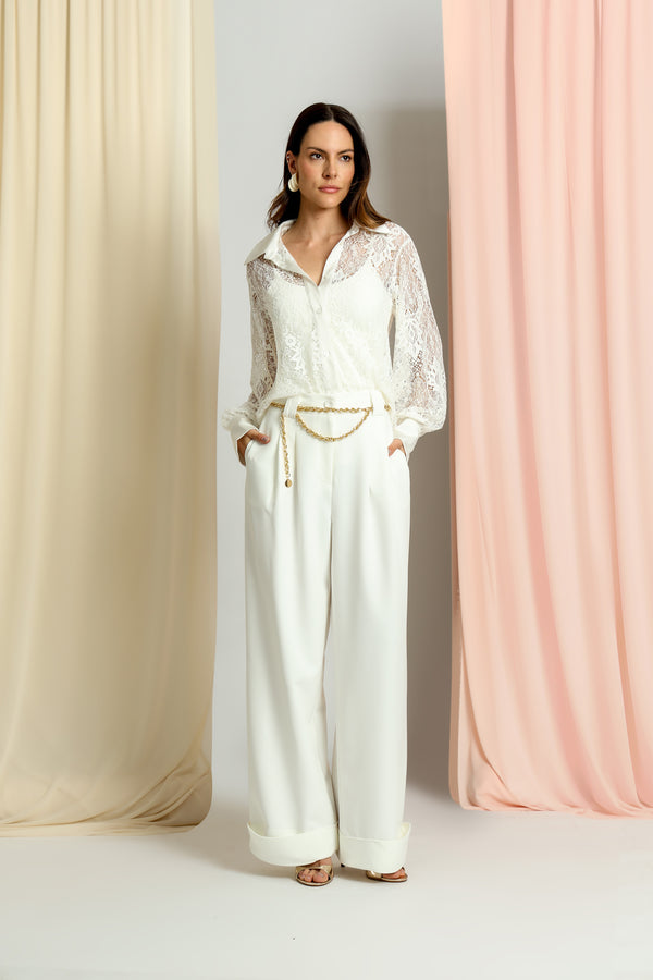Camisa De Renda Com Detalhes Em Cetim TRIMIX