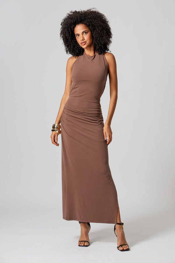 Vestido Longo Costas Abertas Com Fenda - MARROM