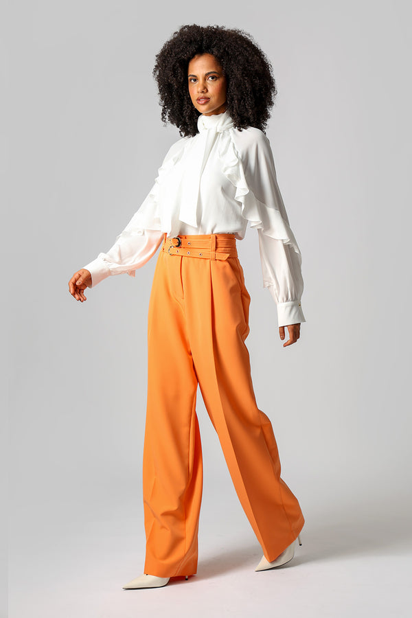 Calça Alfaiataria Com Pregas e Cintos - TANGERINA