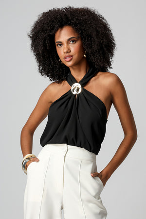 Blusa Transpassada Com Passante Dourado - PRETO