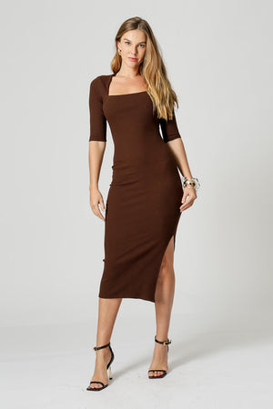 Vestido Canelado Com Fenda - CAFE
