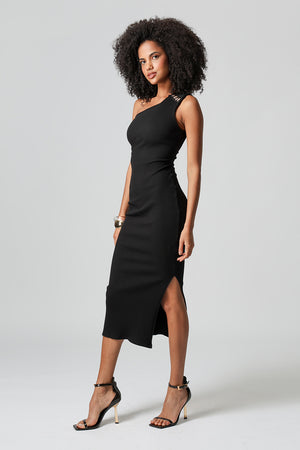 Vestido Ombro Único Canelado - PRETO