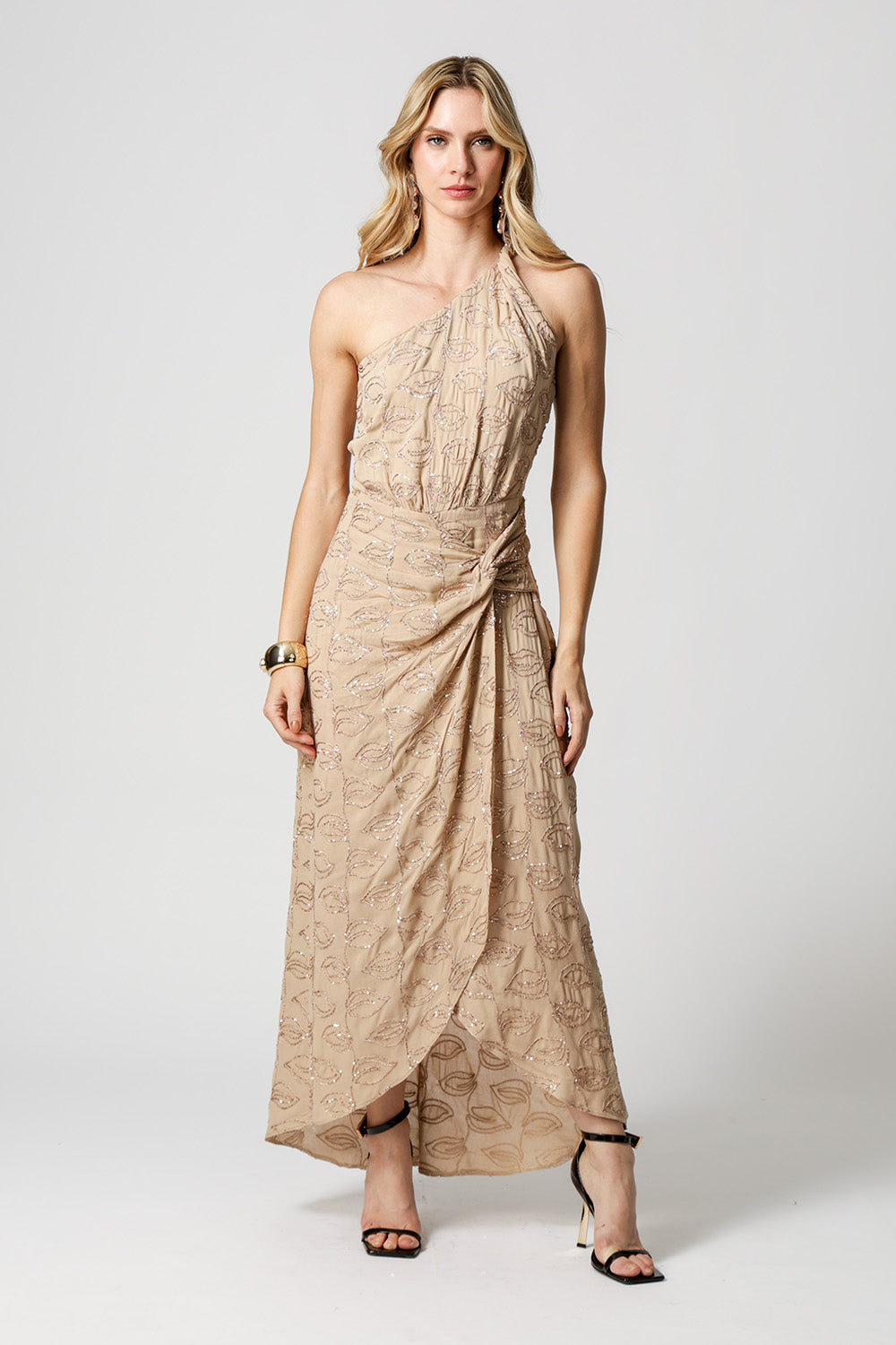 Vestido Paetê Ombro Único Torcido - AREIA 90168