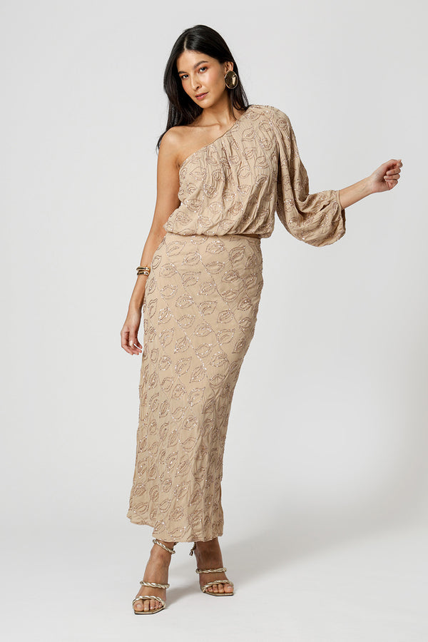 Blusa Ombro Único Paetê Folhas - AREIA 90168