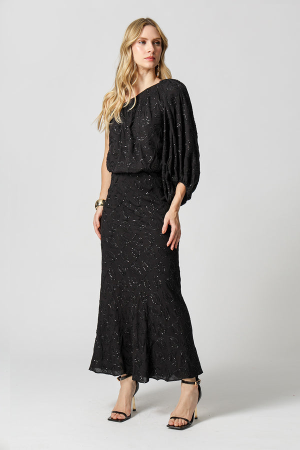 Blusa Ombro Único Paetê Folhas - PRETO 90168