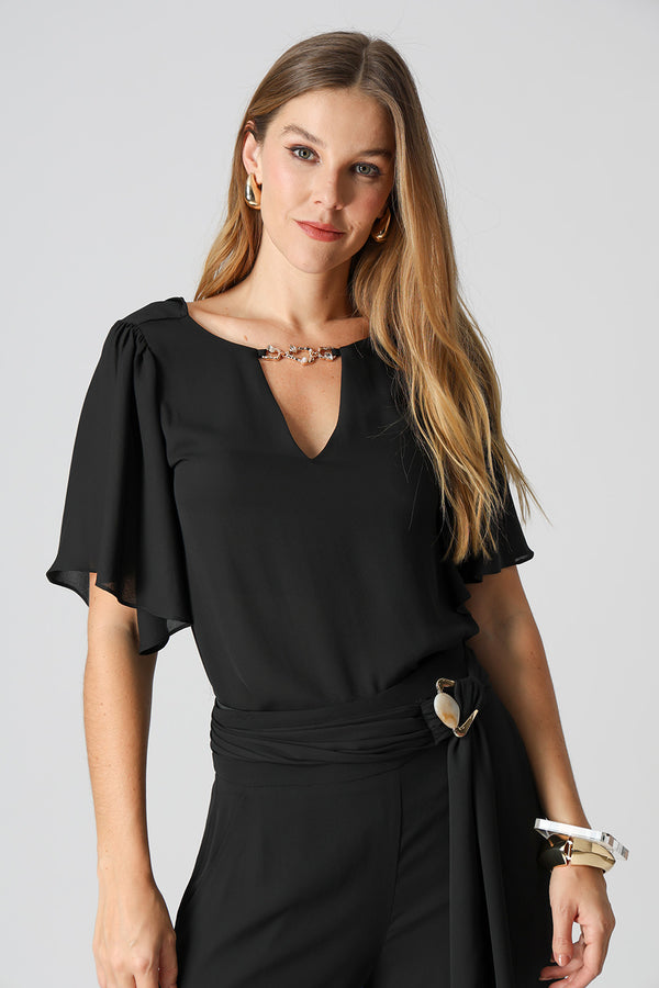 Blusa Manga Angel Com Acessório - PRETO