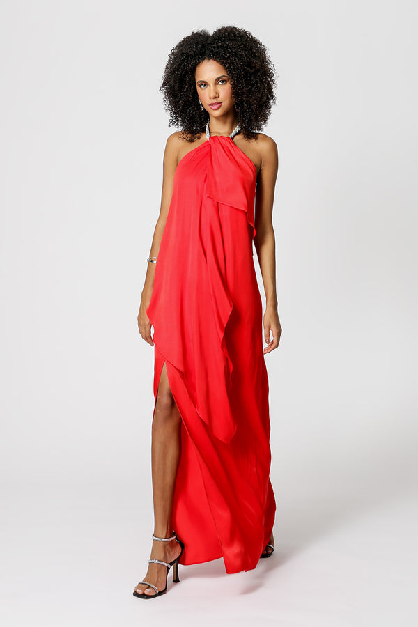 Vestido asimétrico con collar de pedrería - ROJO 2