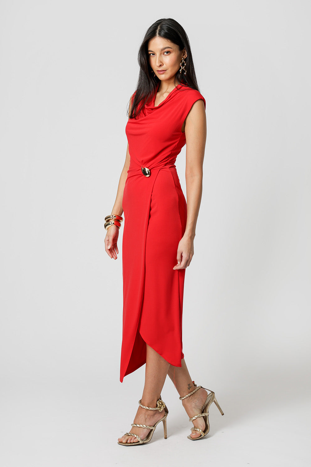 Vestido Transpassado com Acessório - VERMELHO
