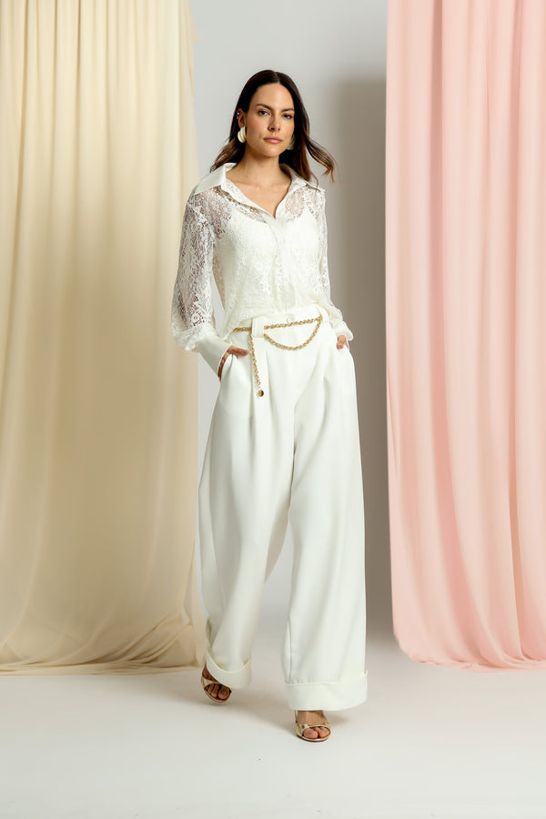 Camisa De Renda Com Detalhes Em Cetim TRIMIX
