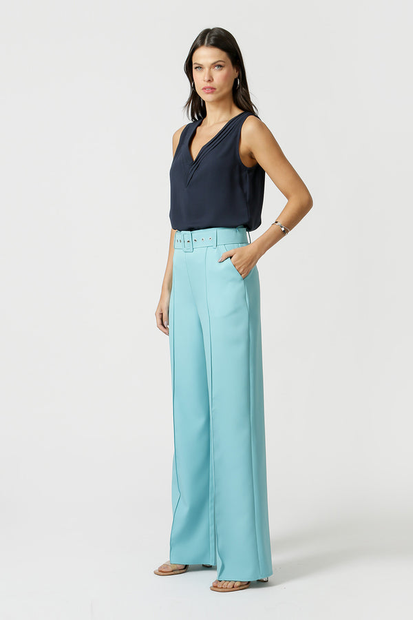 Blusa de crepé con cuello en V - AZUL MARINO