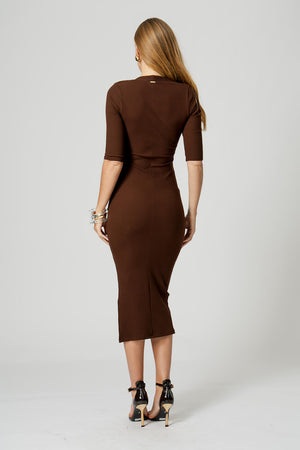 Vestido Canelado Com Fenda - CAFE