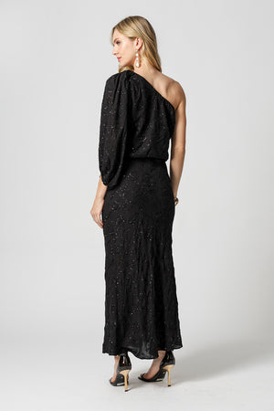 Blusa Ombro Único Paetê Folhas - PRETO 90168