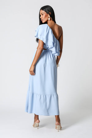 Vestido Com Babados e Abertura Lateral - AZUL CLARO