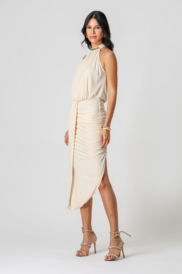 Vestido Midi Blusado Com Detalhe Torcido