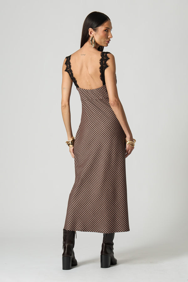 Vestido Midi Tartan com Renda e Fenda