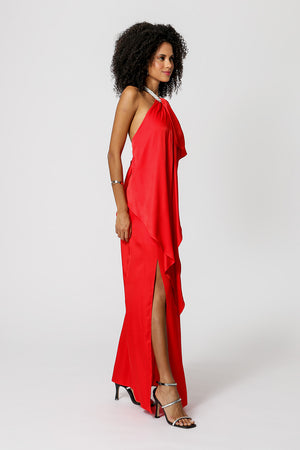 Vestido asimétrico con collar de pedrería - ROJO 2