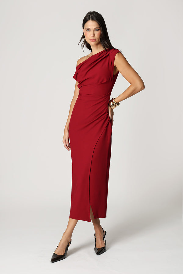 Vestido Assimétrico Com Pregas - VINHO